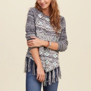 Hollister Navy pattern fringed hem poncho sweater